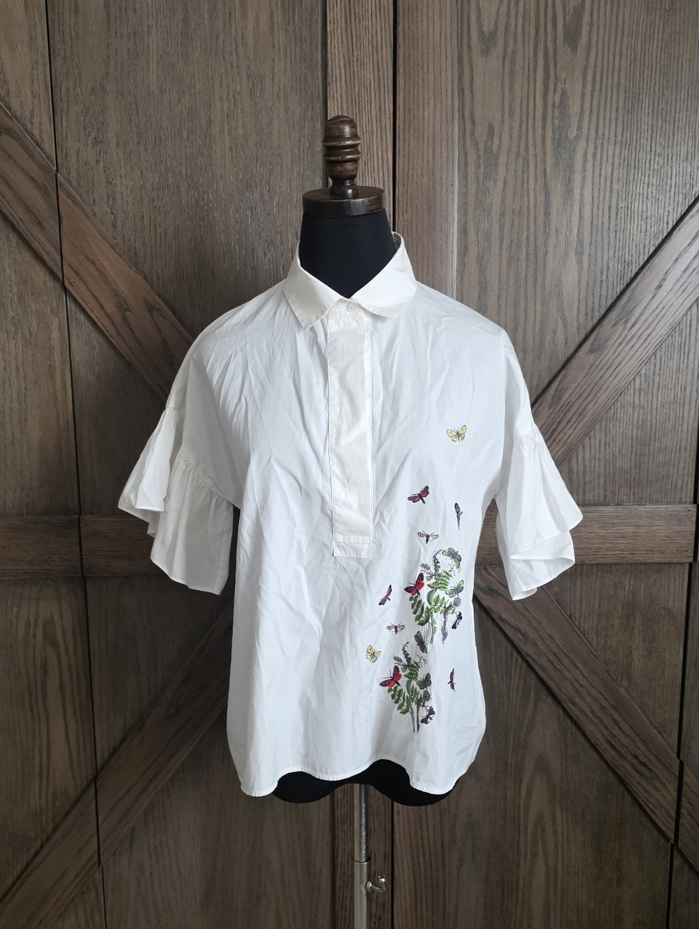 MaxMara White Cotton Blouse with Botanical Embroidery